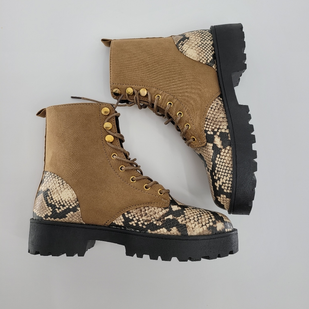Ankle Boots Tan Snake Faux Suede Leather